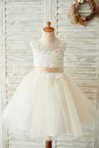 Ivory Lace Champagne Tulle Keyhole Back Wedding Party Flower Girl Dress - £91.40 GBP+