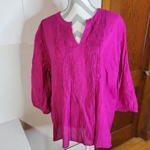 Chicos Bright Pink Pin tucked Beaded top Size 3 elbow 3/4 button cuff Sleeves - $21.36