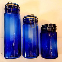 Cobalt Blue Glass Canister LOT Wire Trigger Bail Lid 12 Panel 8&quot; 10&quot; 13&quot; Jar - £27.15 GBP