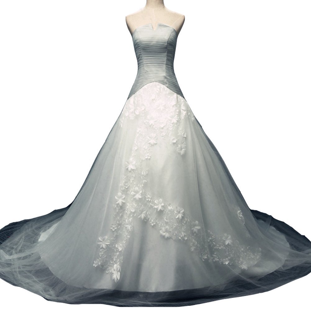 Kivary Long Tulle White Floral Lace Inside Corset Bridal Wedding Dresses Gray Pl