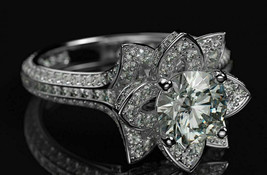 Floral 3.15Ct Round Cut Diamond Lotus Engagement Ring 14k White Gold in Size 8 - £220.15 GBP