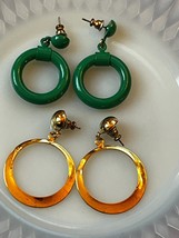 Lot of Bright Green Enamel Open Tubular &amp; Goldtone Flat Circle Dangle Post Earri - £8.81 GBP