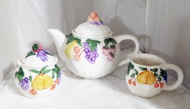 Tabletops Unlimited Fruity Teapot, Creamer &amp; Sugar - Dishwasher Safe! Pretty! - £11.10 GBP