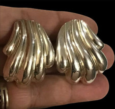 Pair Of Large 70&#39;S Sterling Silver 925 Seashell Earrings Pierced &amp;Clip On - £56.32 GBP