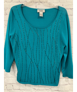 Bob Mackie Studio Womens Large Pullover Sweater Teal Green Beaded Long S... - $12.02