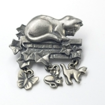 VTG LCD Pewter Cat Dangle Charms Lapel Pin Kitten Mouse Butterfly Animal Jewelry - £10.52 GBP