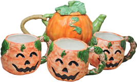 Vintage Lefton Jack O&#39;Lantern Pumpkin Ceramic Teapot Cup Mug Set - £62.12 GBP