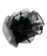 Black Mesh Fascinator Hat with Feather Flower and Headband Clip – Elegant Formal - $18.00