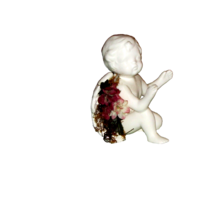 ANGEL hands extended, ceramic white w/burgundy  flowers (liv rm shlv)) - $6.00