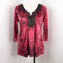 One World Women&#39;s M Velvet Velour Red Multi Crochet Rhinestone Ornate Tunic Top - £8.04 GBP