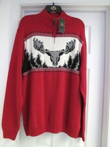 CHAPS Sweater Ski Design Deer Stag Cotton Pull Over 1/4 Zip Mock L/S Red XL NEW - £26.54 GBP