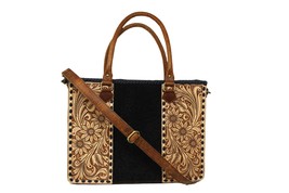 16&quot; Women&#39;s Cowgirl Western Floral Hand-Tooled Black Leather Purse Handbag Tote - £173.04 GBP