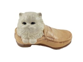 Ceramic Pottery White Kitten with Blue Bow in Shoe Signed by Jamill  - $11.83