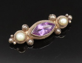 925 Silver - Vintage Amethyst &amp; Fresh Water Pearls Beaded Brooch Pin - B... - $38.22