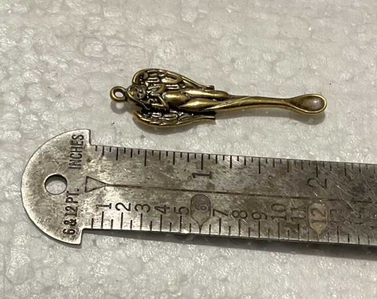 Figural Praying Angel Mini Snuf Spoon Pendant Brass 2” Unique Ear Wax Tool Item image 2