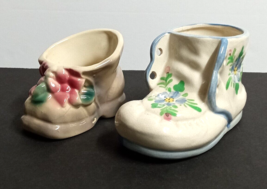 Pair of Ceramic Shoe Baby Shower Planters Decor Vtg Figurines 4&quot;+ ea. c1950s - £15.76 GBP