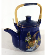 Japanese COBALT BLUE TEAPOT Pheasant Floral Wrapped Handle Ceramic Vintage - $273.49 MXN