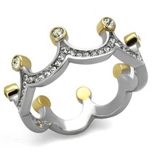 Round Cut Crystal Two Tone Crown Shape Stainless Steel Wedding Ring Sz 5-10 - £57.46 GBP