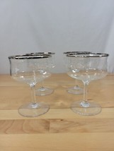 Set of 4 Champagne glasses Tall Sherbet with silver trim and white floral design - £18.66 GBP