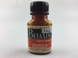 Vintage Pharmacy Medicine Betaxin Vitamin B1 Bottle 2.75&quot; Winthrop Chemi... - £14.70 GBP