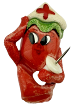Anthopamorphic Red Chilli Sexy Nurse Holding Hypo Thumbtack Vintage Magnet - £13.62 GBP