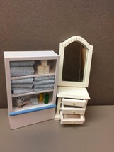 Dollhouse Miniatures Bathroom Set Cabinet Chest of Drawers andvMirror - £31.57 GBP