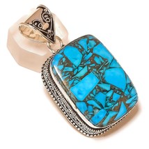 Blue Copper Turquoise Gemstone 925Silver Overlay Handmade Vintage Design Pendant - £13.50 GBP