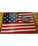 Throw Cotton Blanket Flag &amp; Pillow 63x46&quot; Country Patriotic Americana OL... - £27.45 GBP