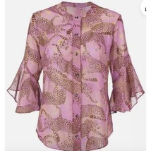 Cabi Sheer Minx Blouse Womens S Button Down Pink Gold Leopard Flare Slee... - $472.04 MXN