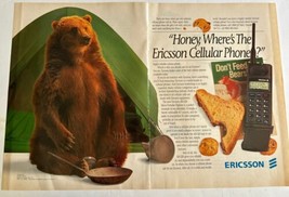 Ericsson Cell Phone Bear Camping Vintage Magazine Print Ad 1995 Two Pages - $6.92