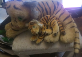 Vintage 1950s Steiff Laying Tiger Plush 19&quot; with 8&quot; Tiger Cub  - £112.10 GBP