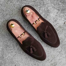 Loafer Style Dark Brown Color Tassel  Slip On Men Suede Leather Shoes - £110.15 GBP