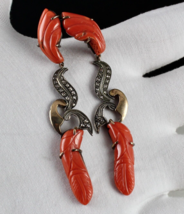 Estate Natural Red Coral Carved Diamond 18K Gold 925 Silver Victorian Earring - £683.32 GBP
