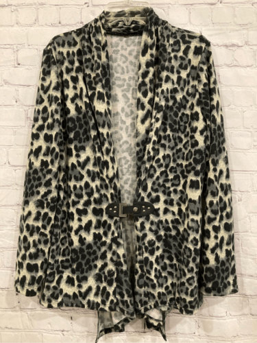 Tiana B Womens Size Large Animal Print Cardigan Black Tan Snap Closure S... - $16.82