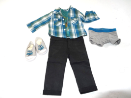 American Girl 18in Doll Boy Logan Meet Outfit Pants Plaid Shirt Play Loud Tee n - $54.45