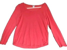 Chico&#39;s Size 0 S Coral Long Sleeve Scoop Neck Sweater Gold Buttons Light... - £14.97 GBP