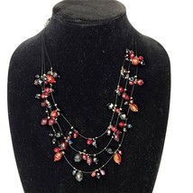 Vintage Multi Layer 3 Strand Statement Collar Necklace Red Black Blue Beads - $19.75