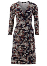 ANISTON Leaf Print Wrap V-Neck Dress in Blue  UK 16  US 12  EUR 44     (fm13-9) - £21.04 GBP