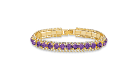 GOLD TONE ROUND CUT AMETHYST AND CRYSTAL 7&quot; TENNIS BRACELET - £112.17 GBP