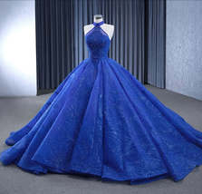 2024 Royal Blue Beaded Sequin Halter Neck A-Line Special Occasion Ball Gown - £1,132.53 GBP