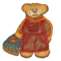 Teddy Bear Overalls Red Brown Orange Embroidered Iron On Applique Patch Vintage - £7.21 GBP