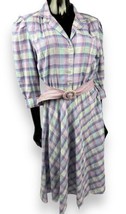 Vtg 1980s Stuart Allan Purple Blue Plaid Belted Shirtwaist Dress 39” B 4... - £30.47 GBP