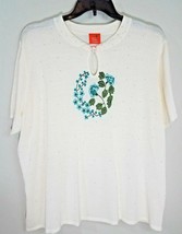 Hearts of Palm Teal Embroidered Flowers Ivory Beaded Sweater Keyhole Nec... - £14.94 GBP