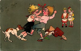 Vtg Comic Postcard 1907 Children Fist Fighting Girls Watching Dog Bloody Nose - £7.60 GBP