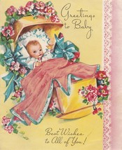 Vintage Baby Card Baby in Cradle with Flowers Pastel Yellow Pink Blue 1950&#39;s - £5.44 GBP