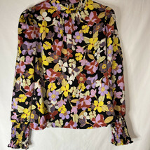 WHO WHAT WEAR S Retro Floral Mock Neck Puff Shoulder Top Smocked Sleeves... - $18.05