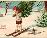 Merry Christmas Vesele Vanoce! Czech Christmas Tree Child on Skis DB Pos... - $12.82