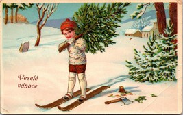 Merry Christmas Vesele Vanoce! Czech Christmas Tree Child on Skis DB Postcard L1 - £10.02 GBP