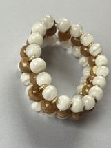 Triple Strand White &amp; Tan Striped Stone w Tiny Goldtone Spacer Bead Stretch Brac - $16.69