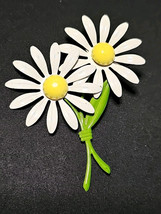 Vintage 60s Double Daisy Enamel Flower Power Brooch White Yellow Green S... - $29.56